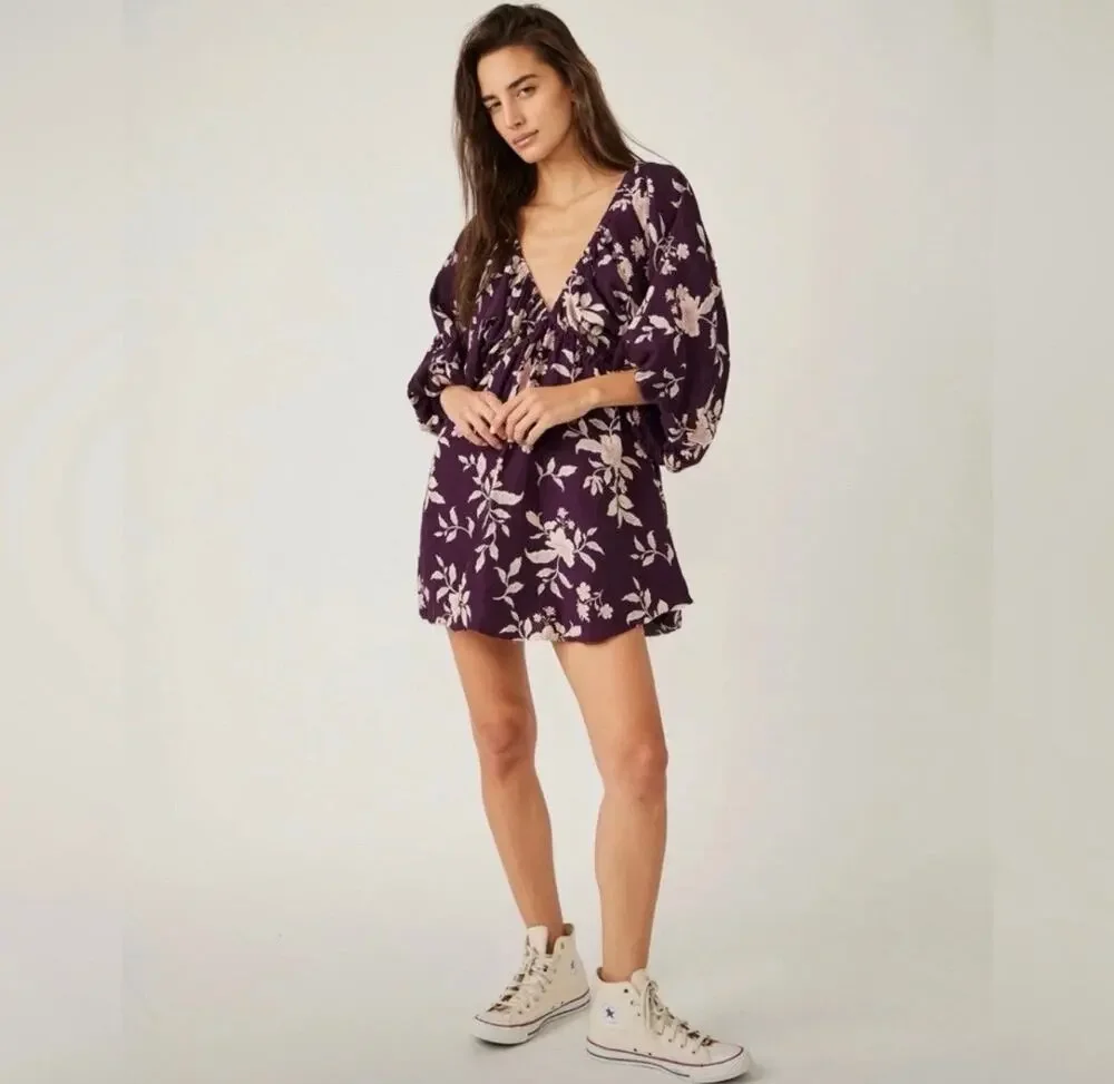 FREE PEOPLE Linen Blend Portia Printed Mini Dress Eggplant Floral